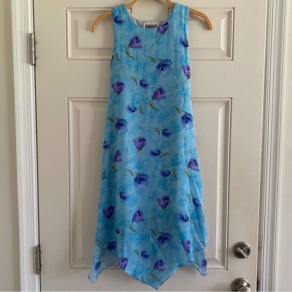 Vintage 90s Ellie Asymmetrical Floral Tulip Midi Dress Tie Back Blue Mesh Y2K